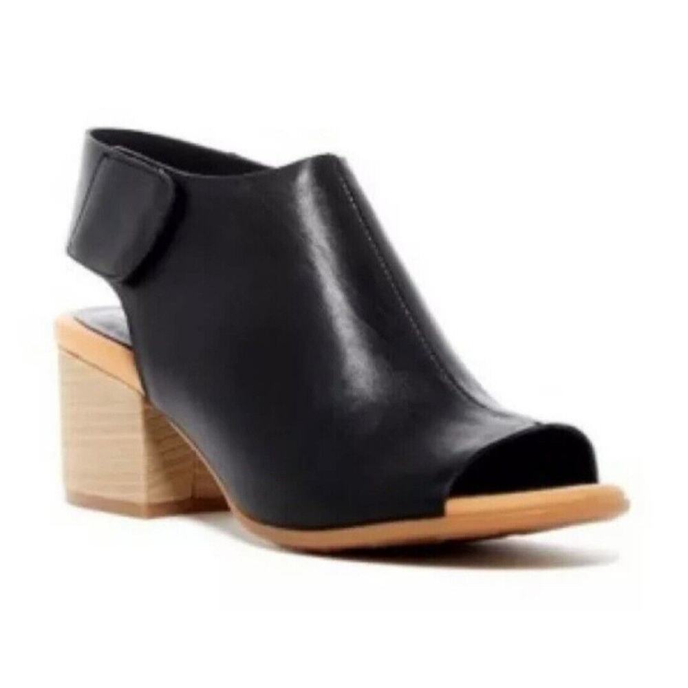 Kork-Ease Cayleigh Slingback‎ Shoes Size 9 Black Leather Block Heel Peep Toe